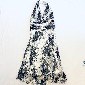 Tadashi silk halter dress Women's 12 black white midi floral cocktail pleated